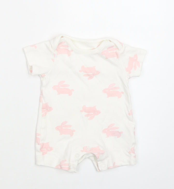 M&S Baby White Geometric Cotton Romper One-Piece Size 0-3 Months  Snap - Bunny Print