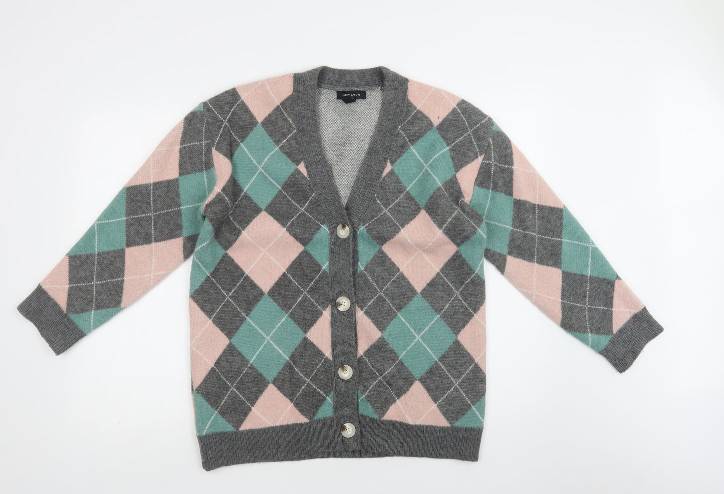 New Look Womens Multicoloured V-Neck Argyle/Diamond Acrylic Cardigan Jumper Size M