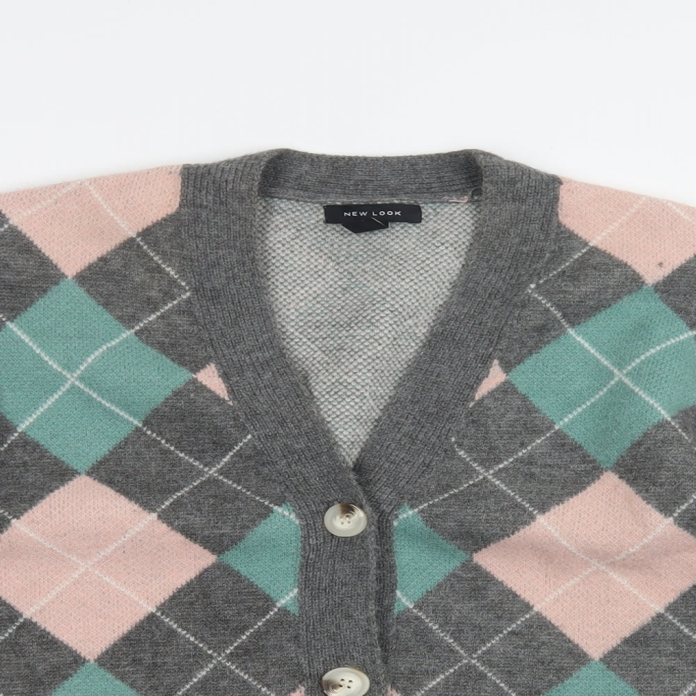 New Look Womens Multicoloured V-Neck Argyle/Diamond Acrylic Cardigan Jumper Size M