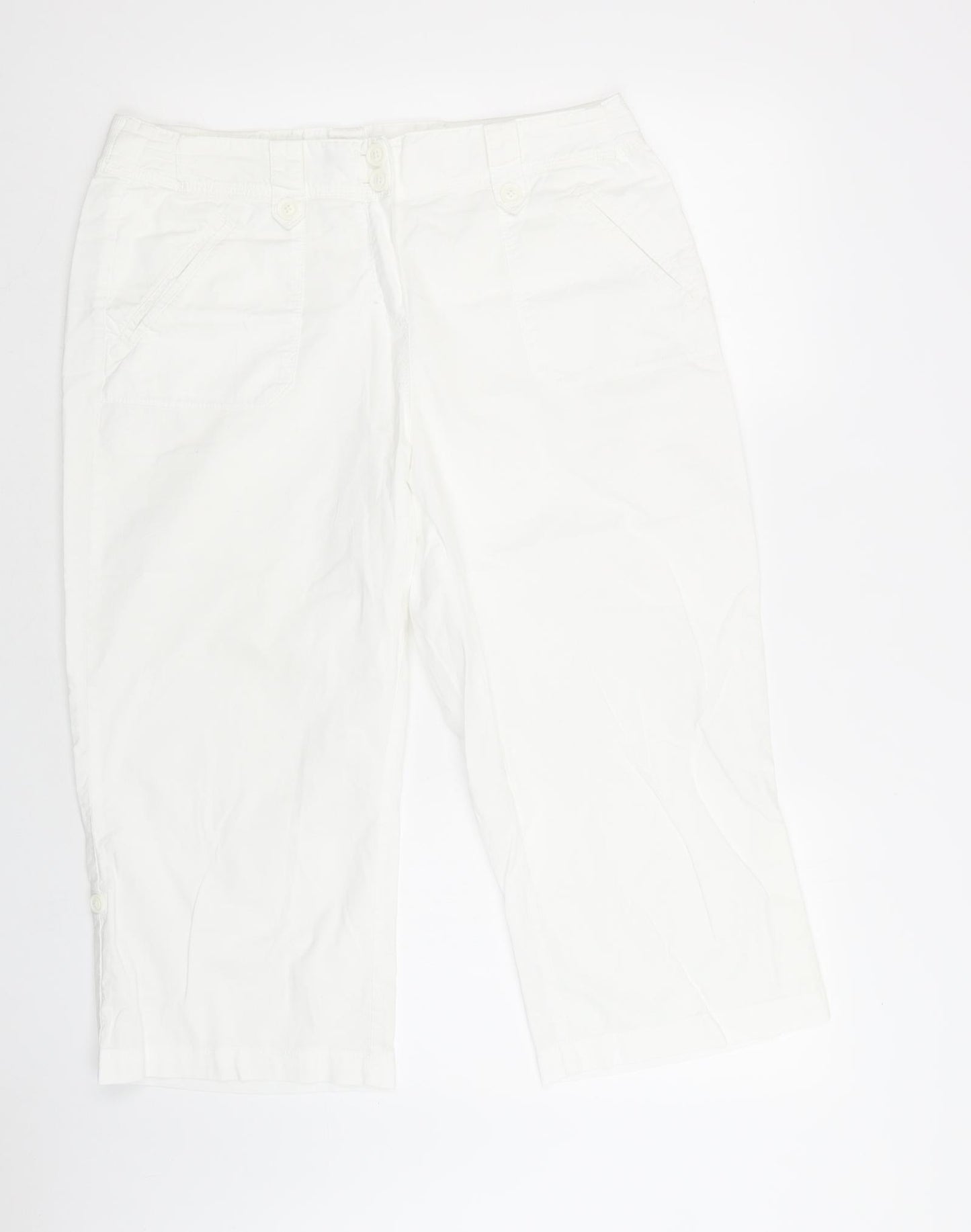 BHS Womens White  Cotton Cropped Trousers Size 14 L22 in Regular Button