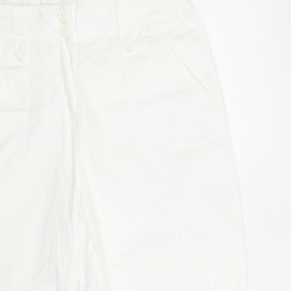 BHS Womens White  Cotton Cropped Trousers Size 14 L22 in Regular Button