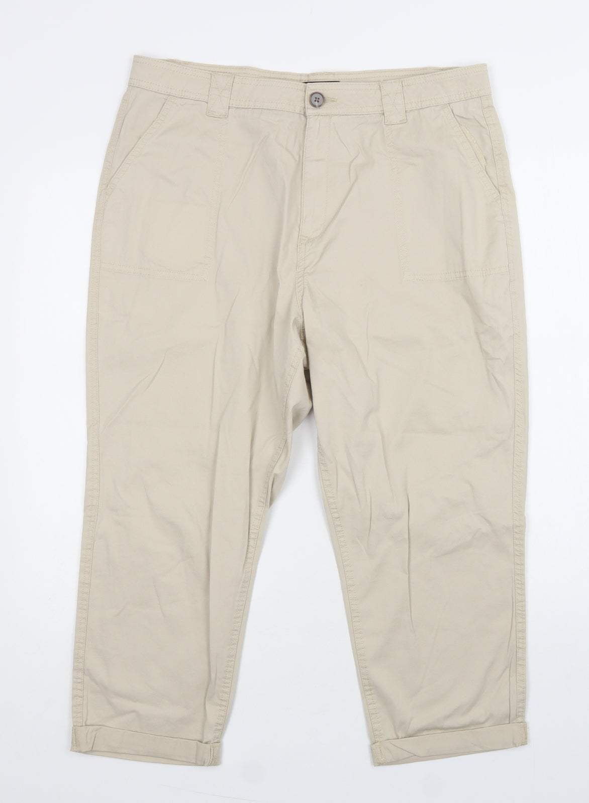 F&F Womens Beige  Cotton Cropped Trousers Size 16 L22 in Regular Button