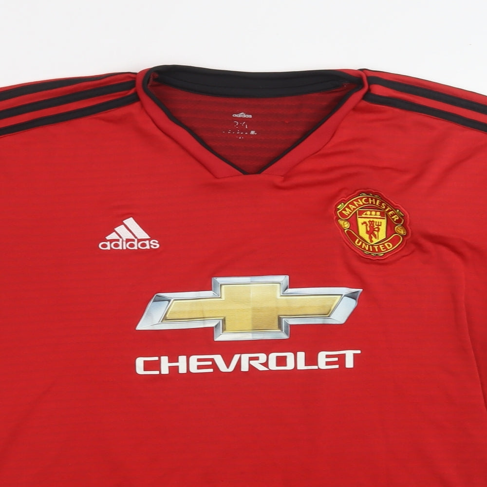 adidas Mens Red Striped Polyester  T-Shirt Size XL V-Neck  - Manchester United FC