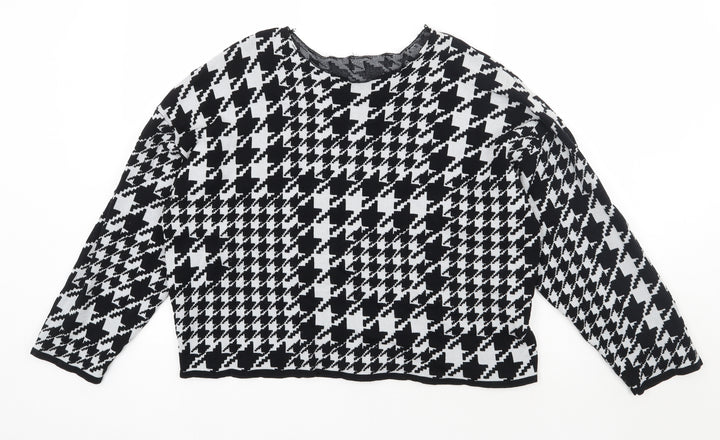 H&M Womens Black Boat Neck Houndstooth Cotton Pullover Jumper Size M