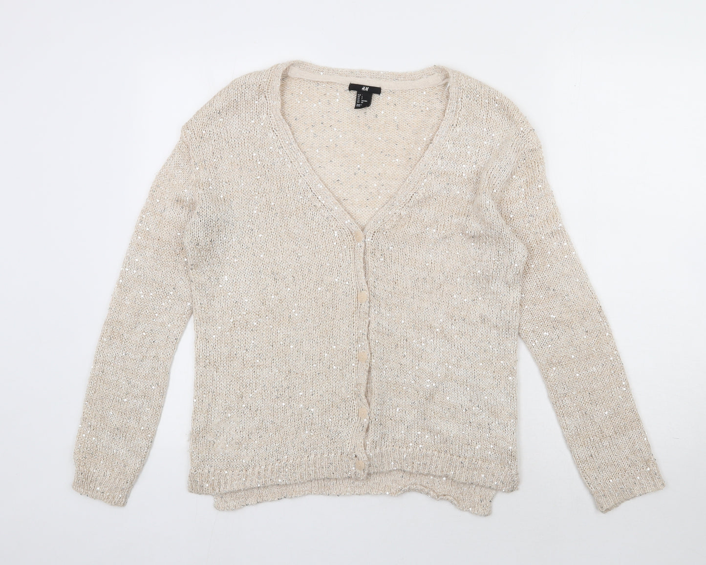 H&M Womens Ivory V-Neck  Acrylic Cardigan Jumper Size S