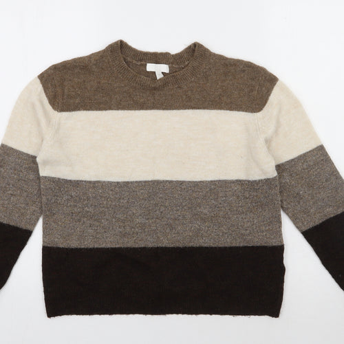 H&M Womens Brown Round Neck Striped Acrylic Pullover Jumper Size XS