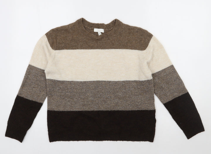 H&M Womens Brown Round Neck Striped Acrylic Pullover Jumper Size XS