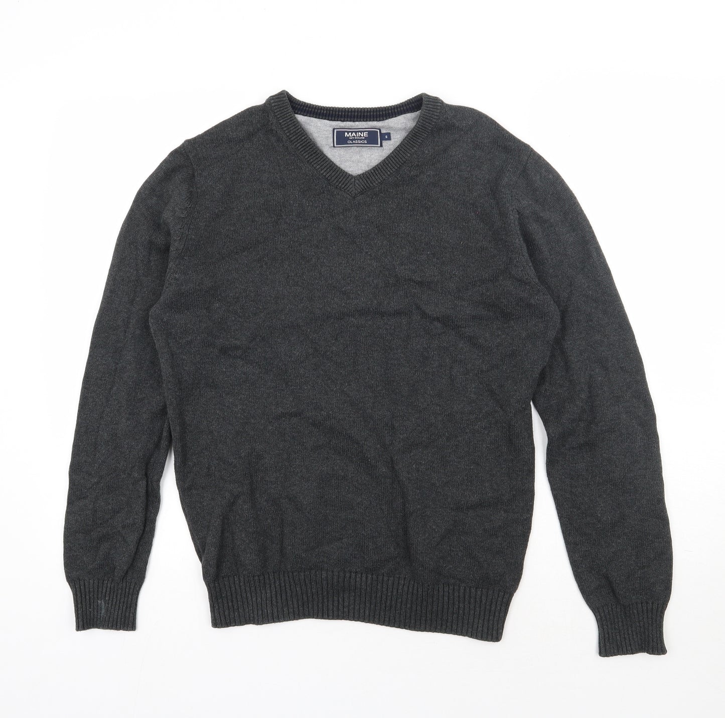 Maine Mens Grey V-Neck  Cotton Pullover Jumper Size S