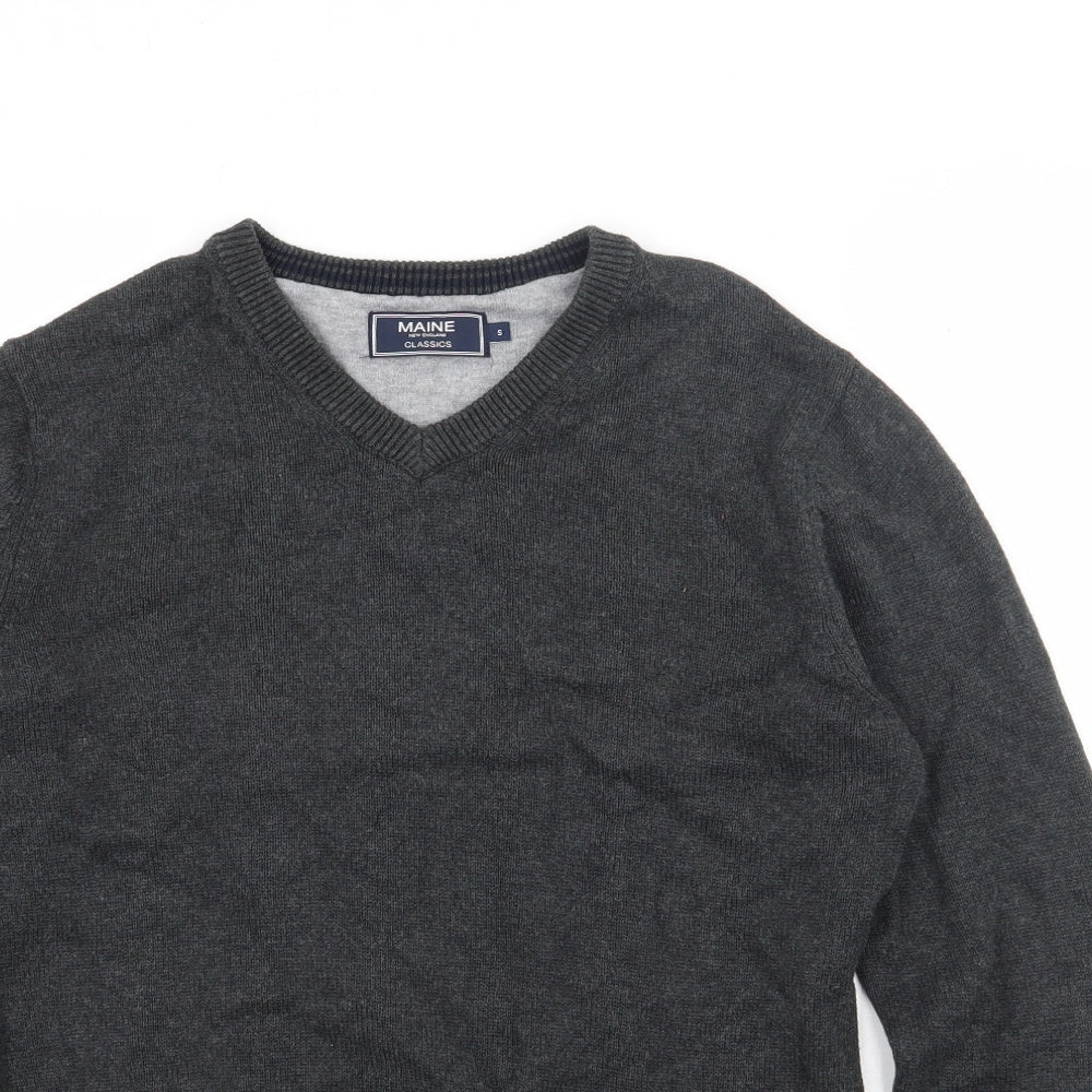 Maine Mens Grey V-Neck  Cotton Pullover Jumper Size S