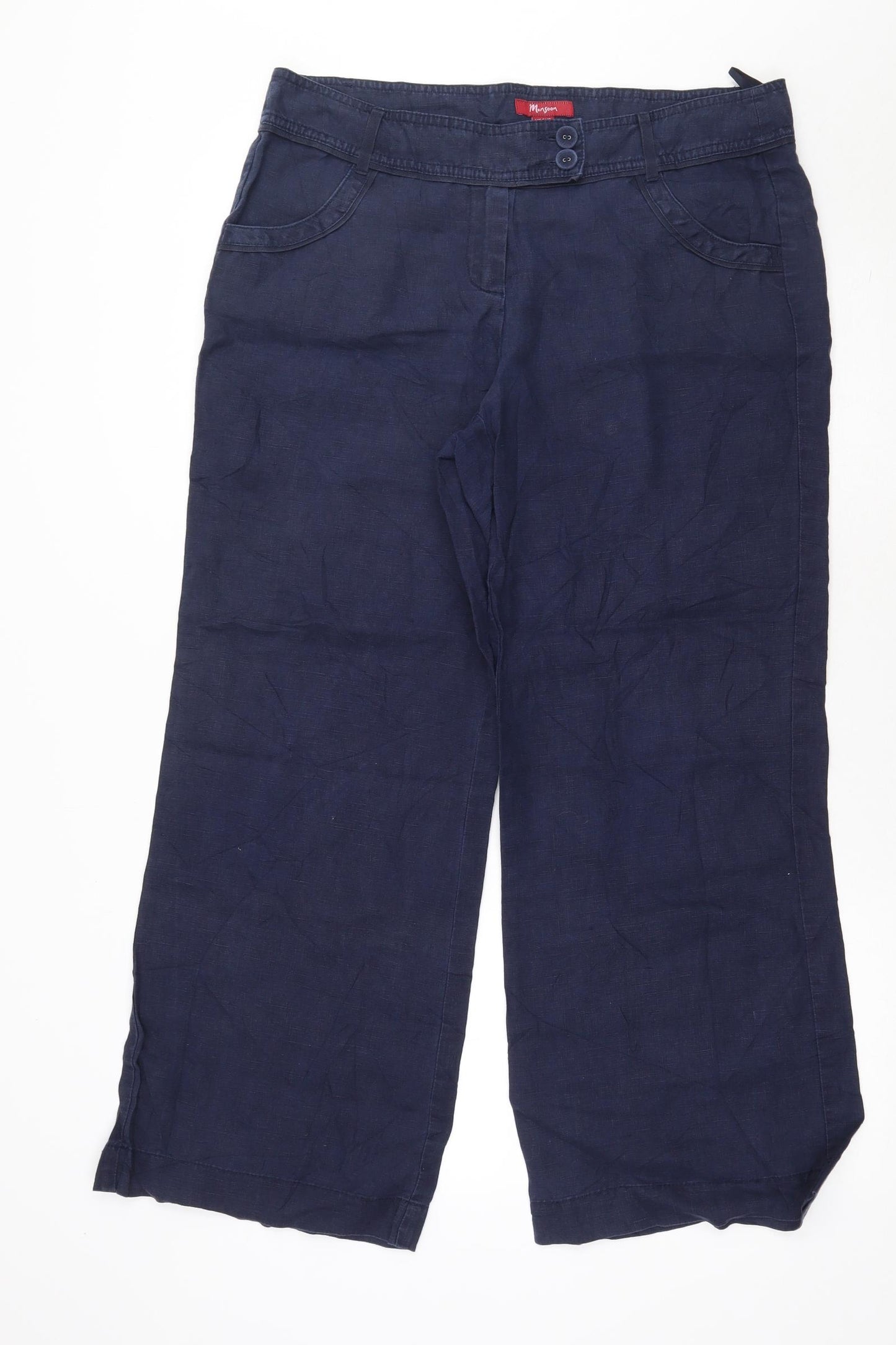 Monsoon Womens Blue  Linen Trousers  Size 14 L28 in Regular Zip