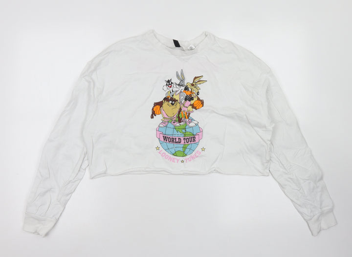 Divided Womens White  Cotton Cropped T-Shirt Size M Crew Neck - Looney Tunes