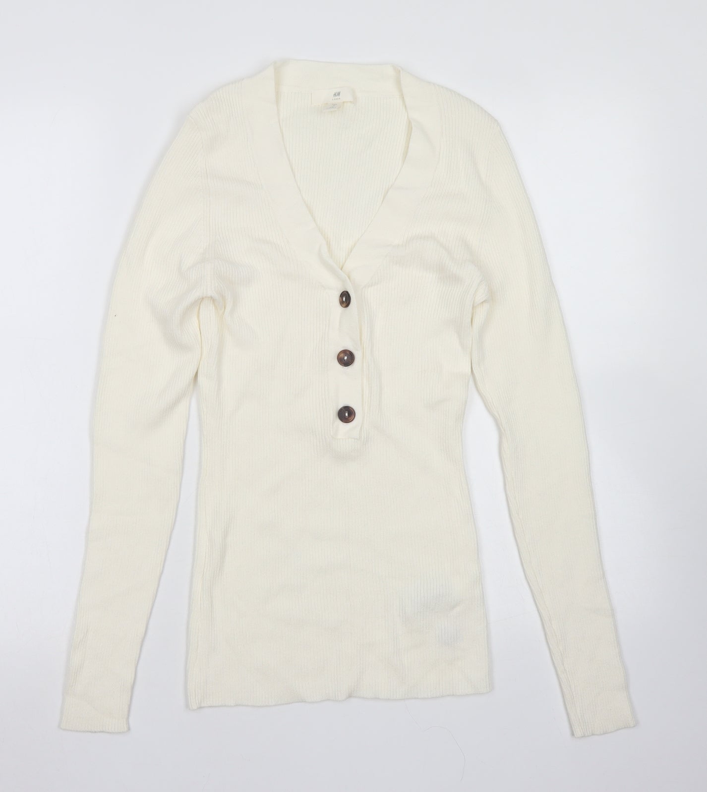 H&M Womens Ivory V-Neck  Cotton Pullover Jumper Size M