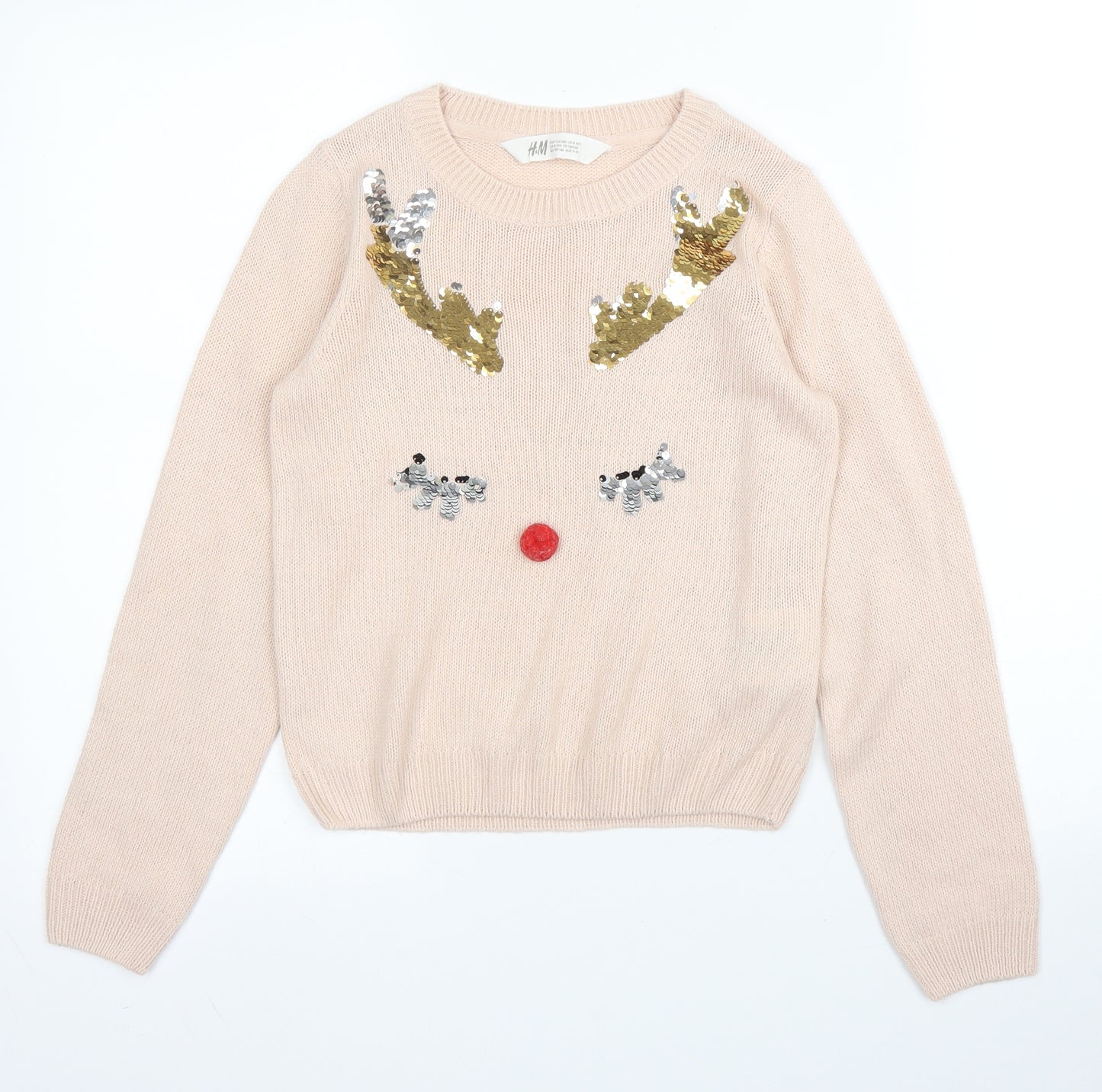 H&N Girls Pink Round Neck  Acrylic Pullover Jumper Size 9 Years   - Christmas