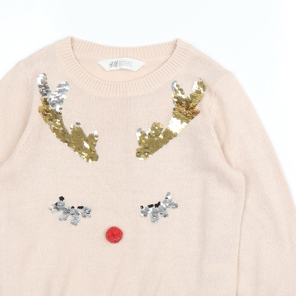 H&N Girls Pink Round Neck  Acrylic Pullover Jumper Size 9 Years   - Christmas
