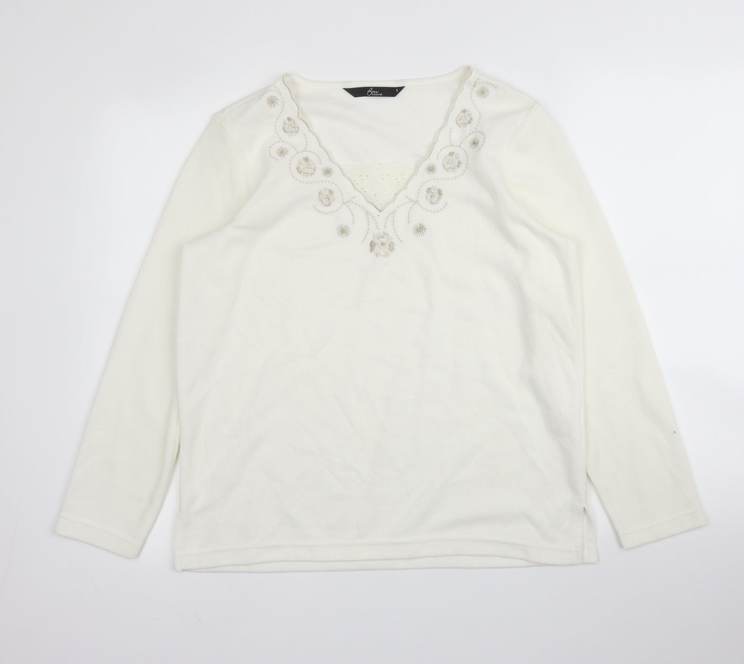 BM Casual Womens White V-Neck Floral Cotton Pullover Jumper Size S