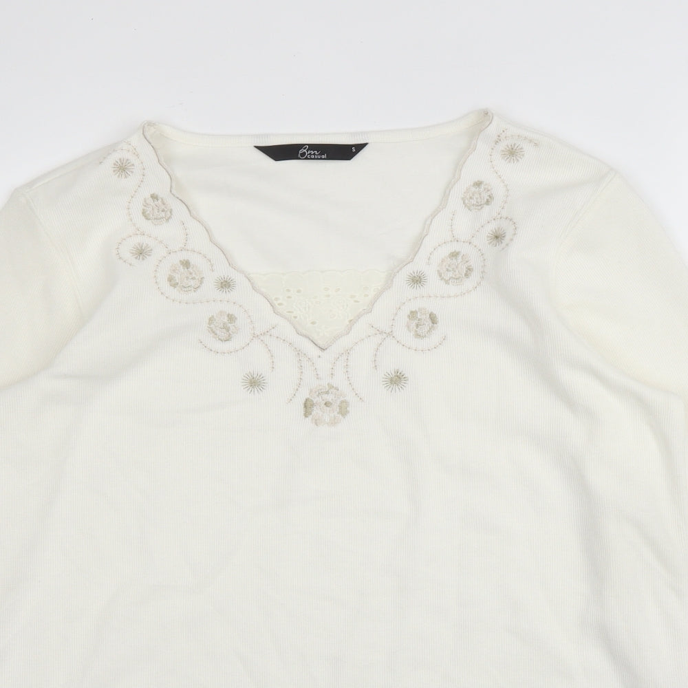 BM Casual Womens White V-Neck Floral Cotton Pullover Jumper Size S