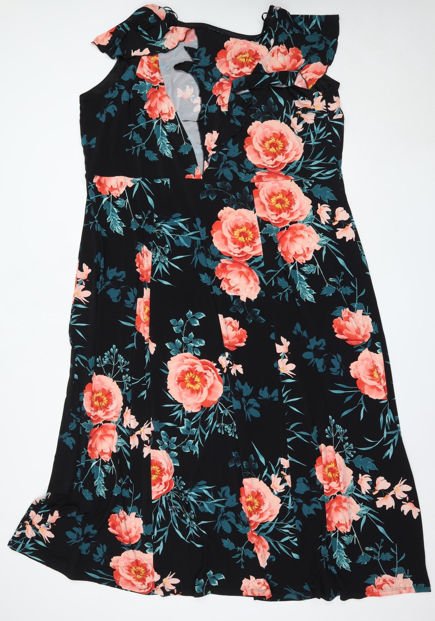 Joanna Hope Womens Black Floral Polyester Fit & Flare  Size 28  Round Neck