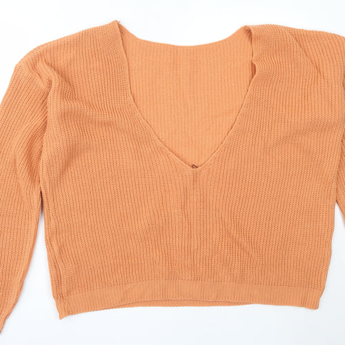 Boohoo Womens Orange V-Neck  Acrylic Pullover Jumper Size 24
