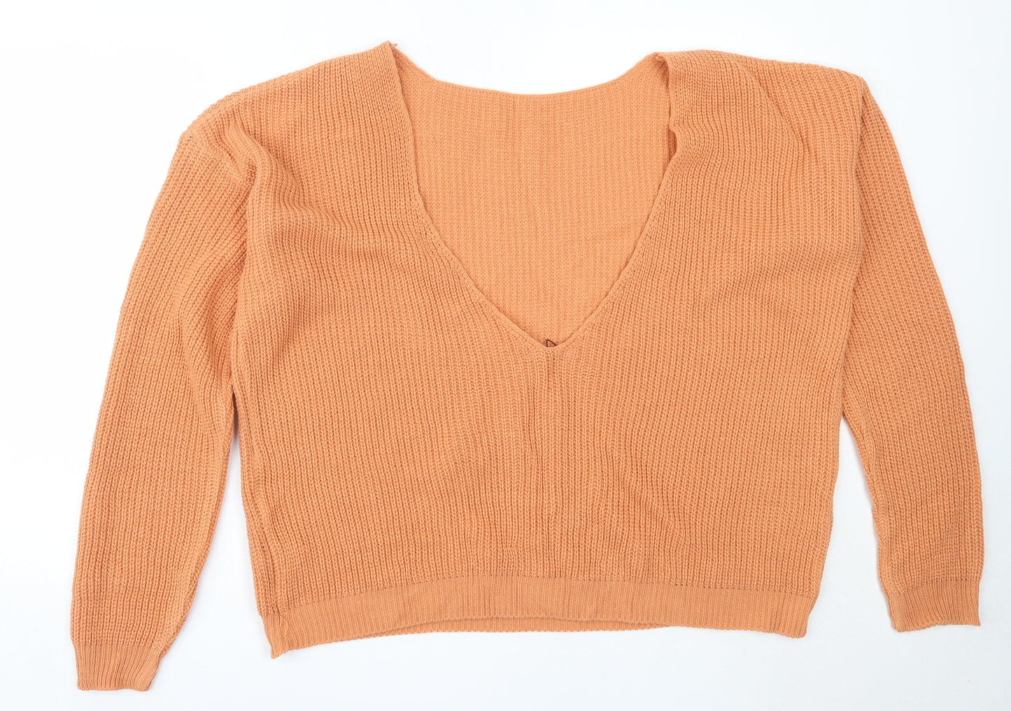Boohoo Womens Orange V-Neck  Acrylic Pullover Jumper Size 24