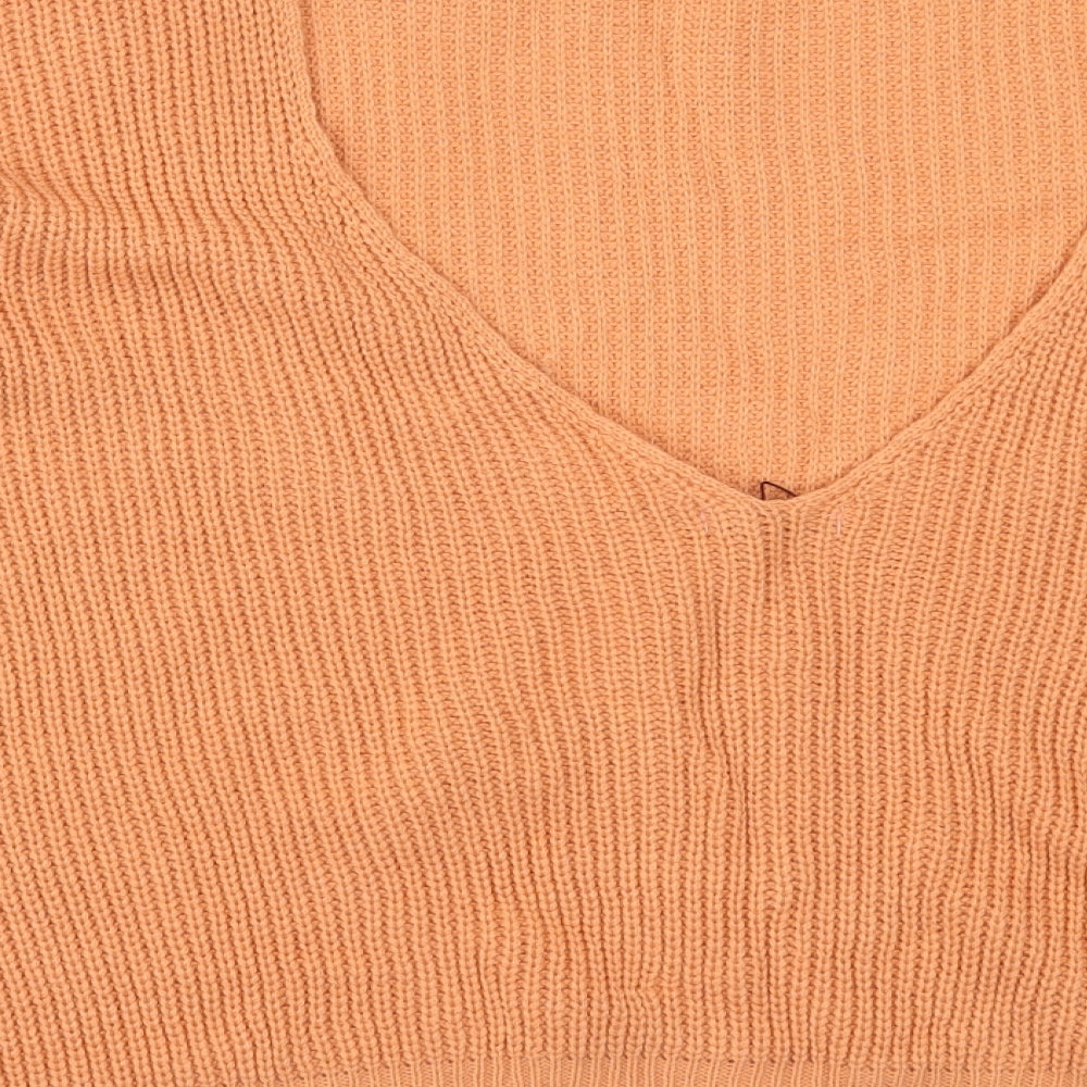 Boohoo Womens Orange V-Neck  Acrylic Pullover Jumper Size 24