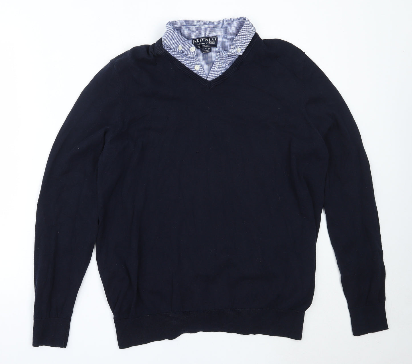 F&F Mens Blue Collared  Cotton Pullover Jumper Size L