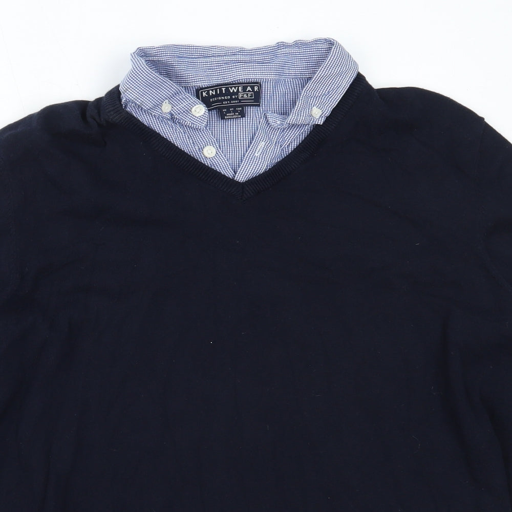 F&F Mens Blue Collared  Cotton Pullover Jumper Size L