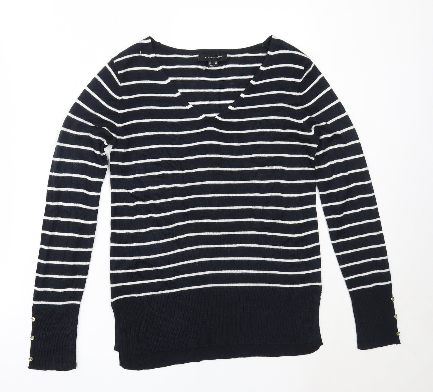 Atmosphere Womens Blue V-Neck Striped Acrylic Pullover Jumper Size 10