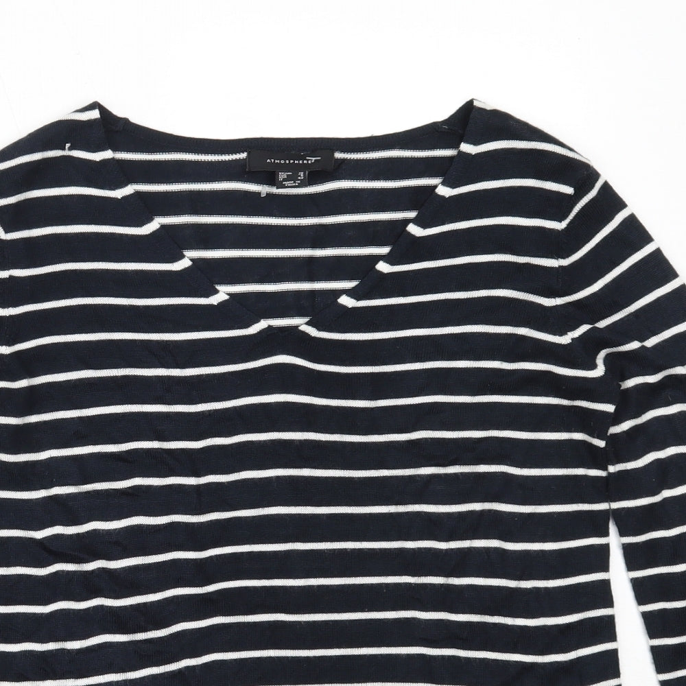 Atmosphere Womens Blue V-Neck Striped Acrylic Pullover Jumper Size 10