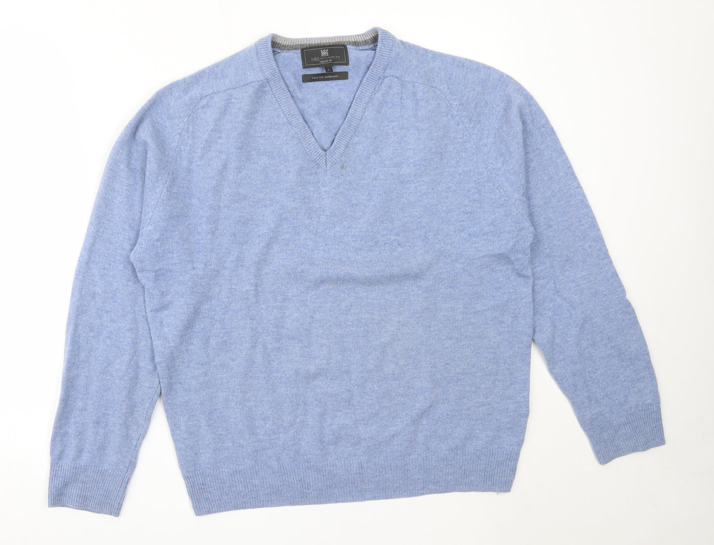 Marks and Spencer Mens Blue V-Neck  Wool Pullover Jumper Size L