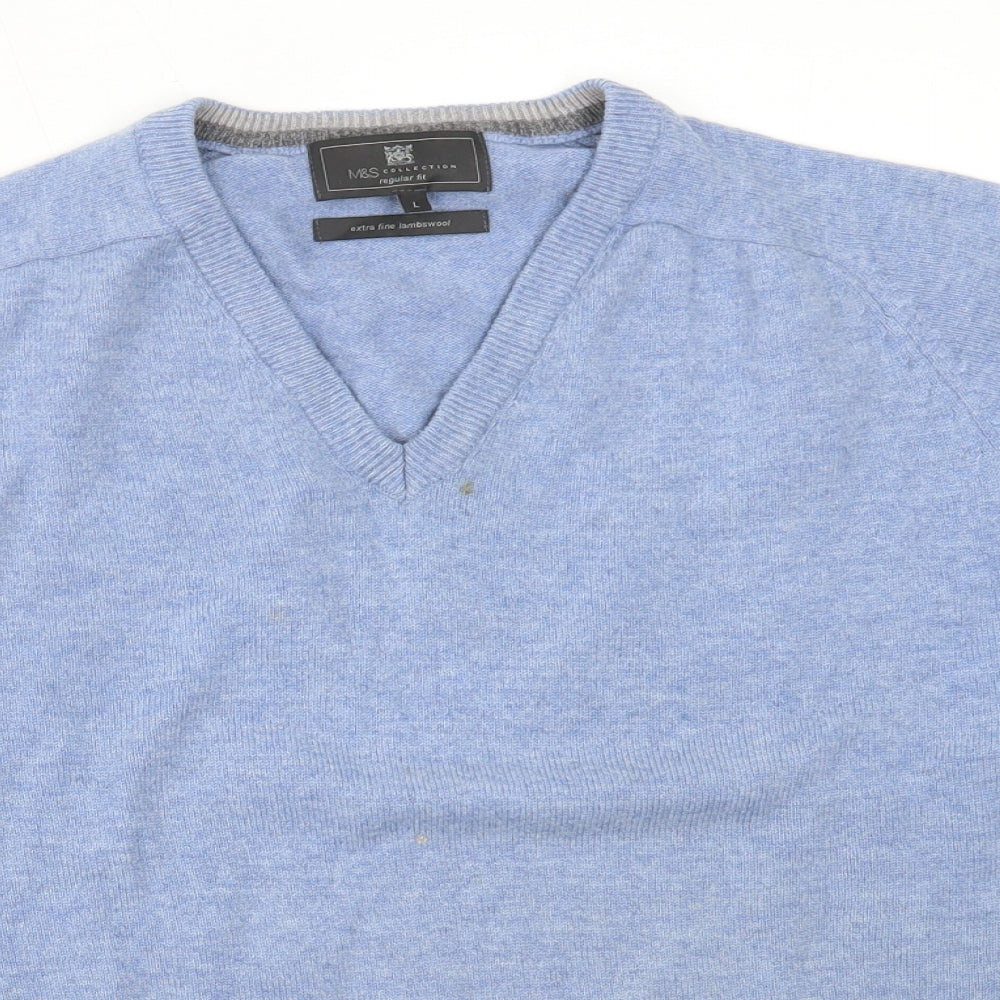 Marks and Spencer Mens Blue V-Neck  Wool Pullover Jumper Size L