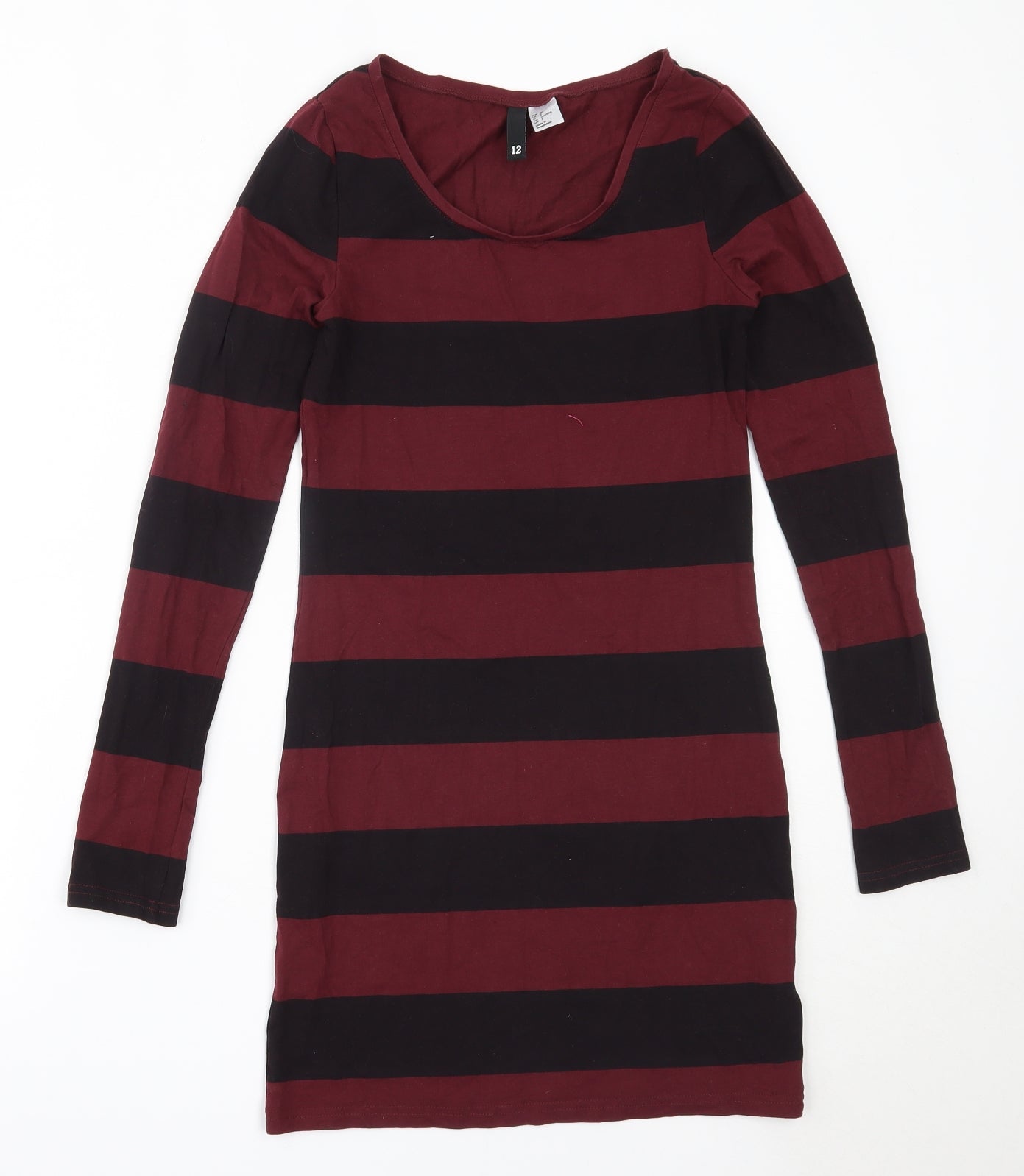H&M Womens Red Striped Cotton Bodycon  Size 12  Round Neck