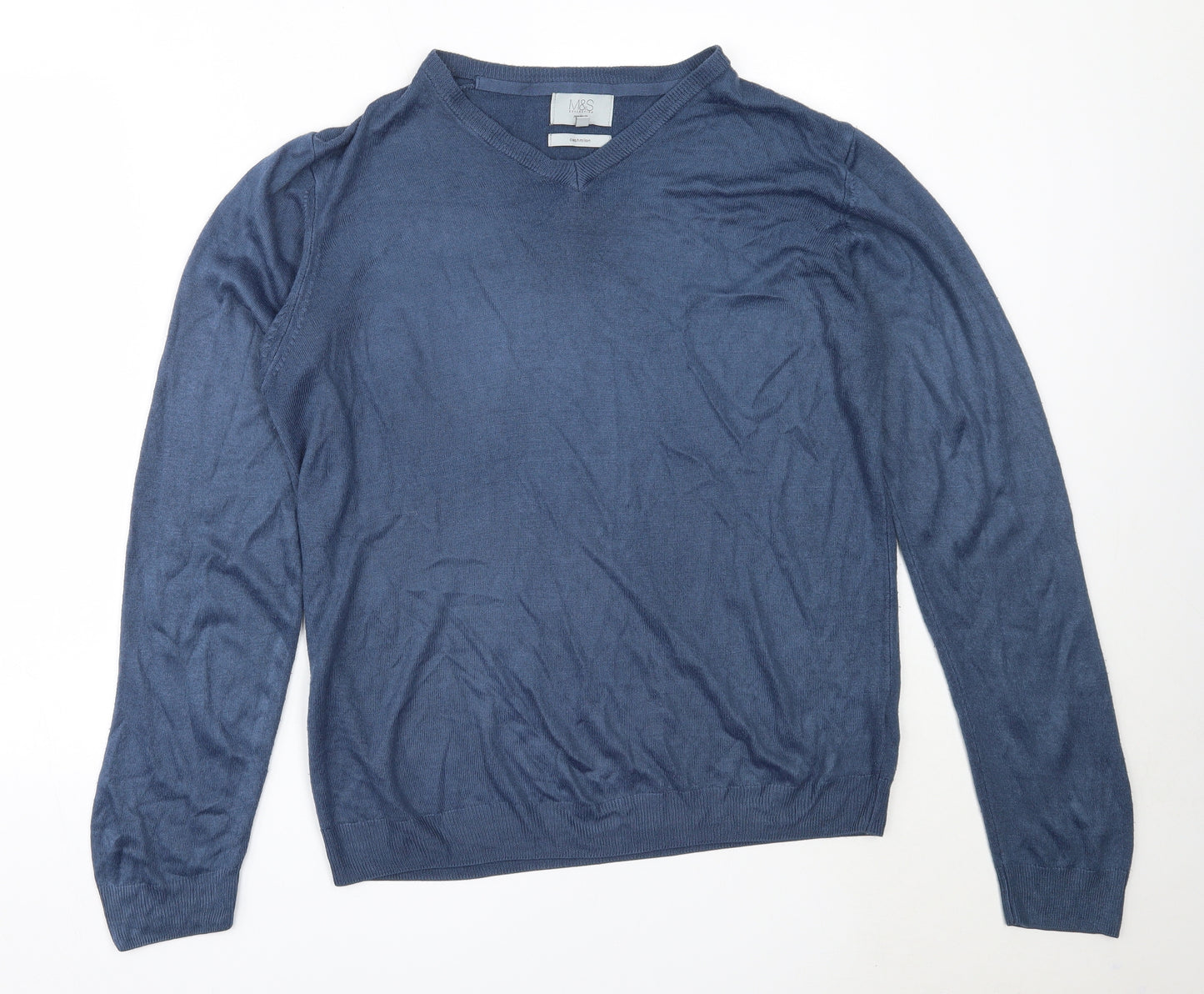 Marks and Spencer Mens Blue V-Neck  Acrylic Pullover Jumper Size L