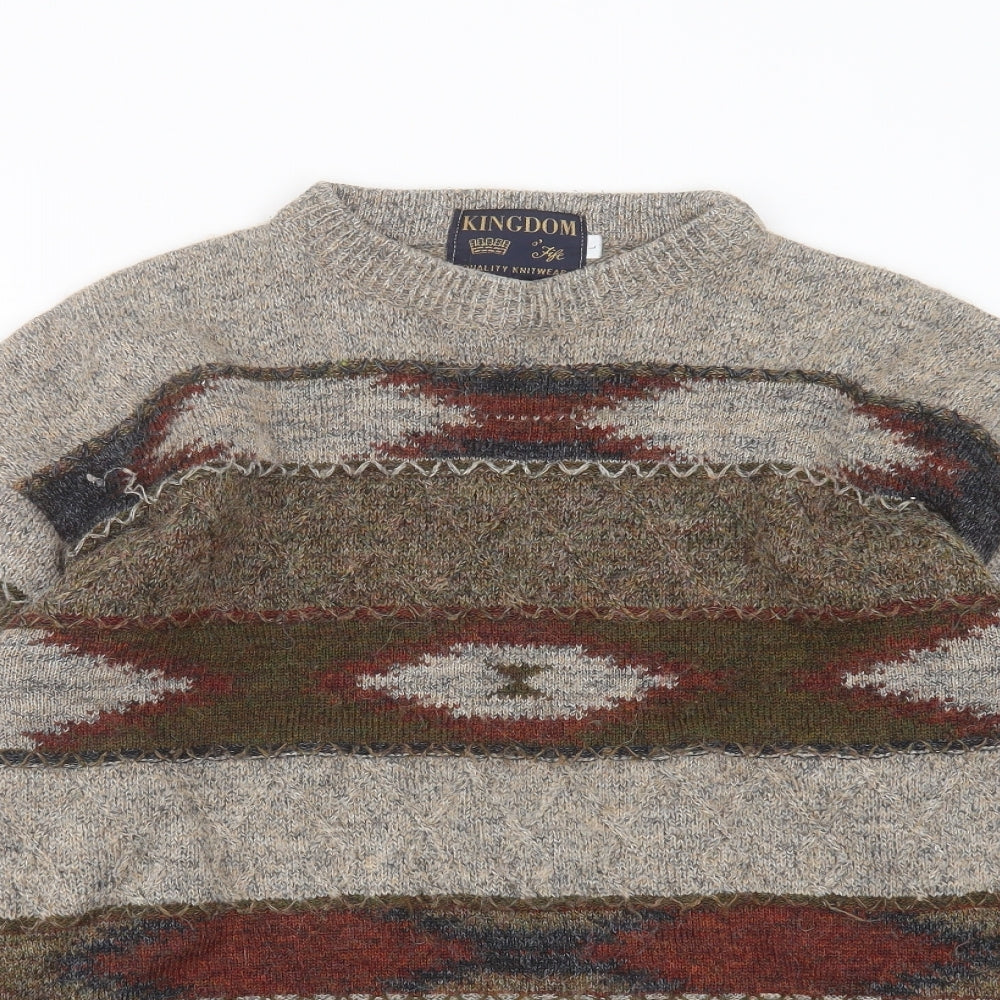KINGDOM Mens Brown Round Neck Geometric Wool Pullover Jumper Size L