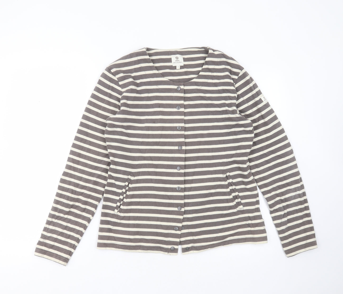 Mousqueton Womens Grey Round Neck Striped Cotton Cardigan Jumper Size 16