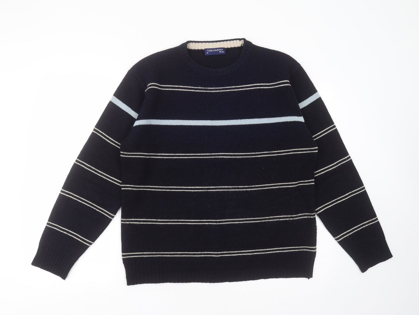 Tom Hagen Mens Blue Round Neck Striped Acrylic Pullover Jumper Size M