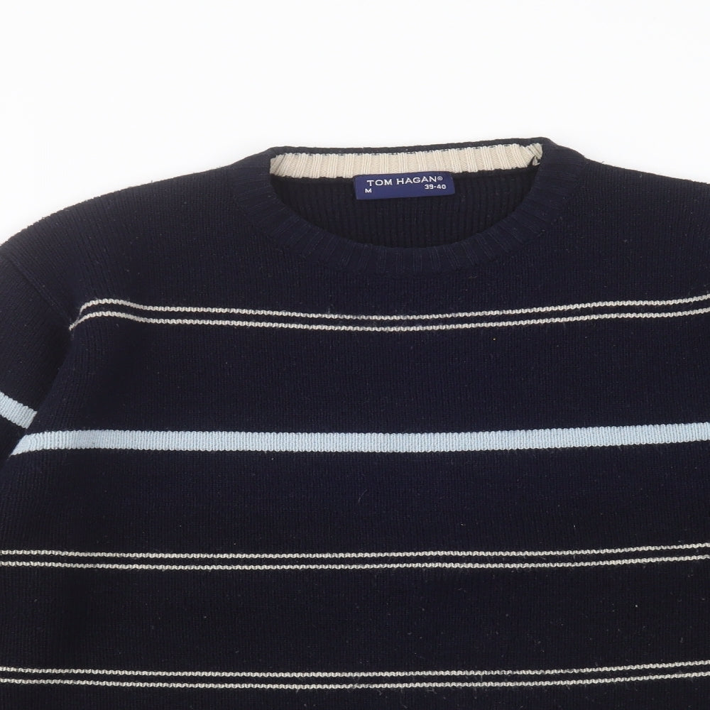 Tom Hagen Mens Blue Round Neck Striped Acrylic Pullover Jumper Size M