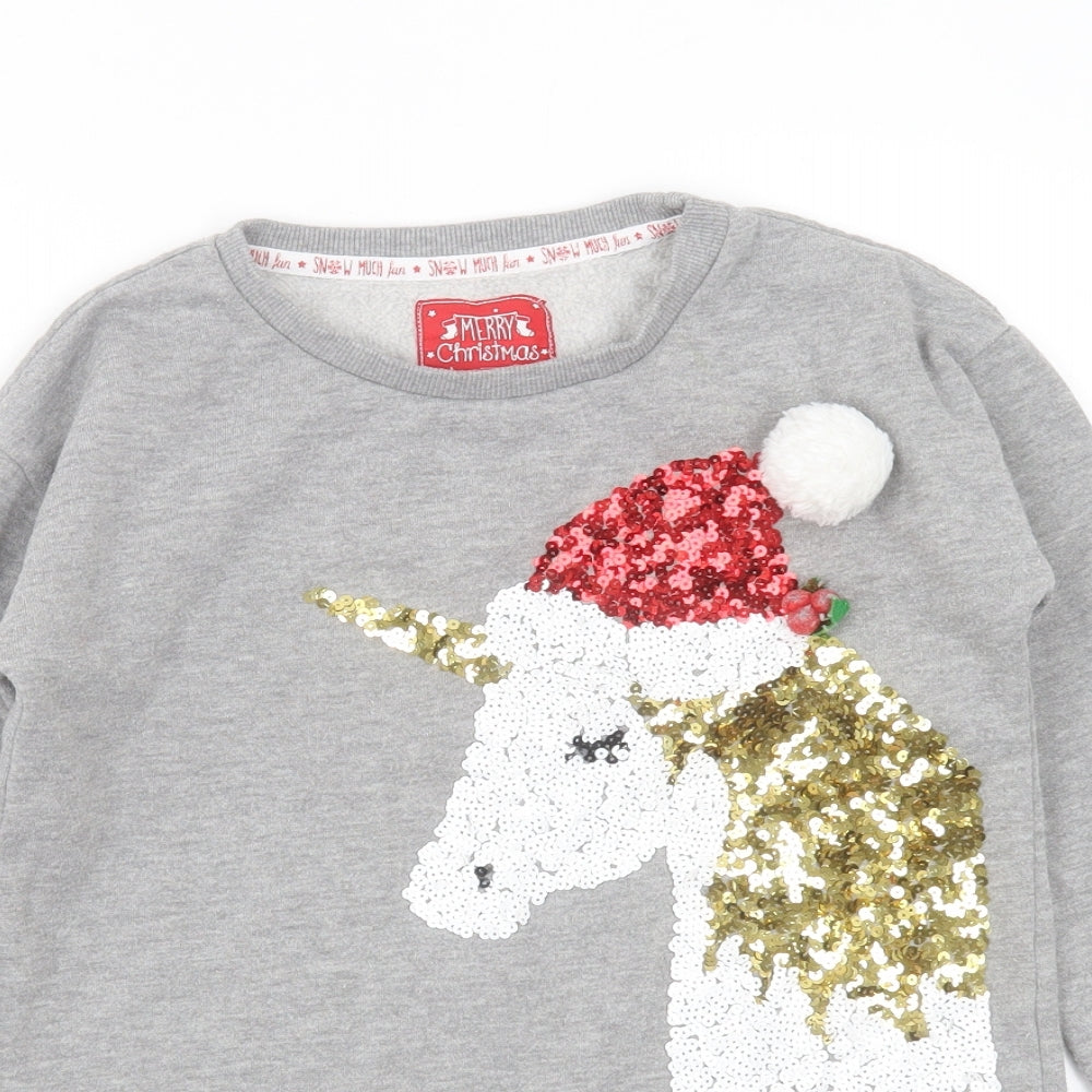 F&F Girls Grey  Cotton Pullover Sweatshirt Size 8-9 Years   - unicorn