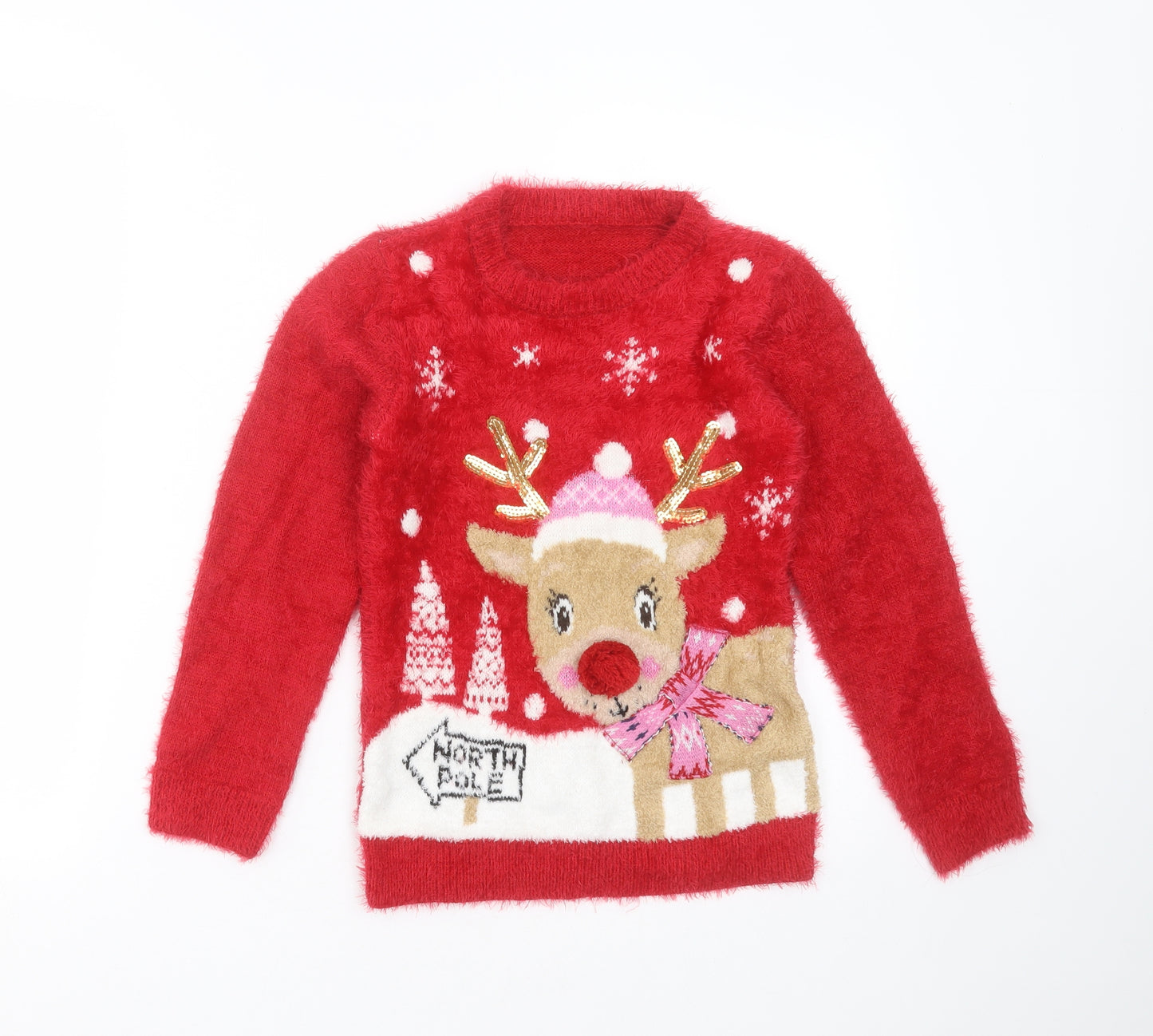 Nutmeg Girls Red Round Neck  Polyester Pullover Jumper Size 9-10 Years   - christmas jumper