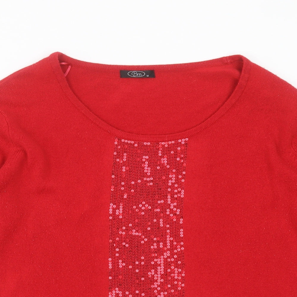 BM Womens Red Scoop Neck  Acrylic Pullover Jumper Size M   - sequins