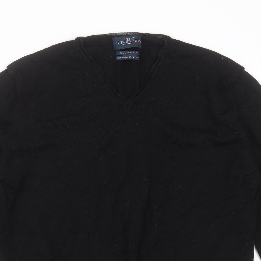 NEXT Mens Black V-Neck  Wool Pullover Jumper Size L