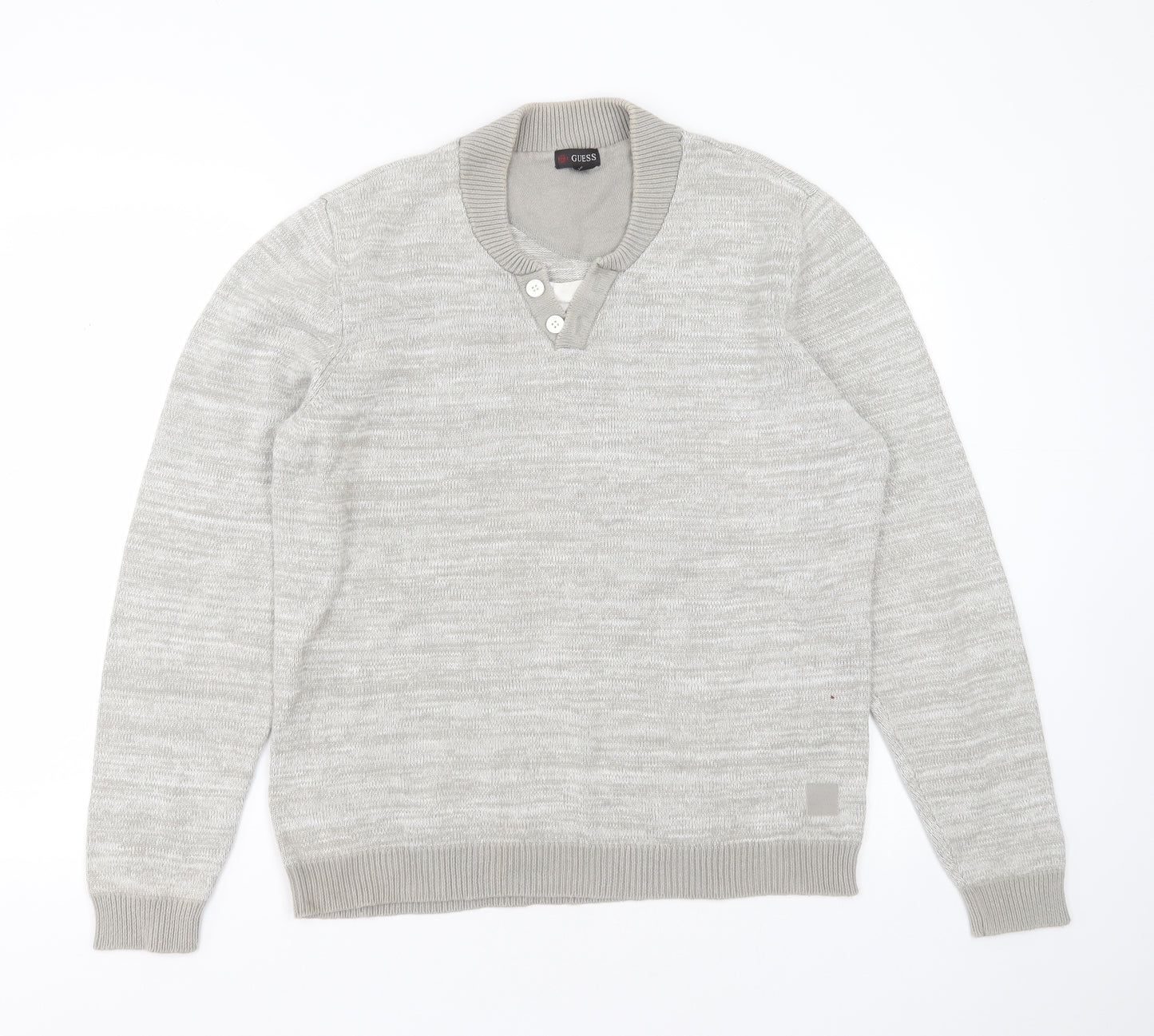 GUESS Mens Grey V-Neck  Cotton Pullover Jumper Size L