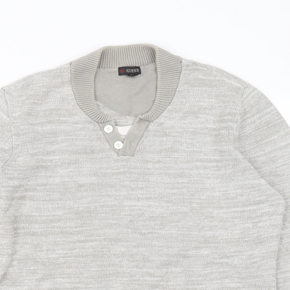 GUESS Mens Grey V-Neck  Cotton Pullover Jumper Size L