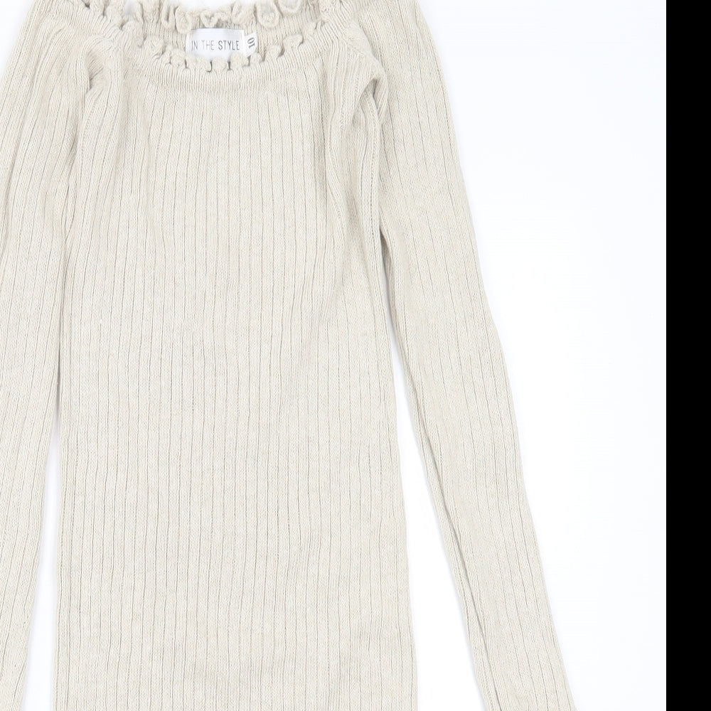 In the Style Womens Beige Round Neck Striped Cotton Pullover Jumper Size 10