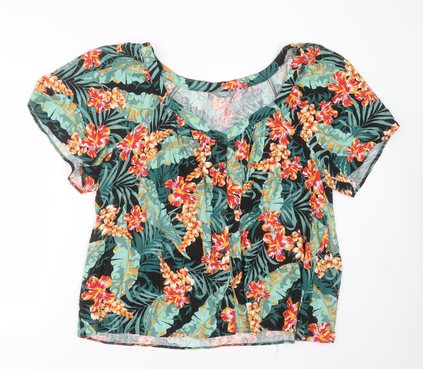 Nutmeg Womens Green Floral Viscose Basic Blouse Size 20 Round Neck