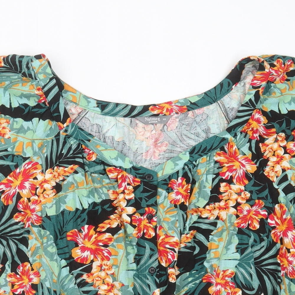 Nutmeg Womens Green Floral Viscose Basic Blouse Size 20 Round Neck