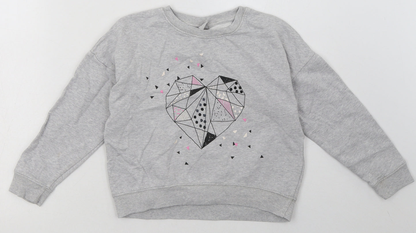 Sainsburys Girls Grey  Cotton Basic Casual Size 8 Years Crew Neck Pullover - Heart Print