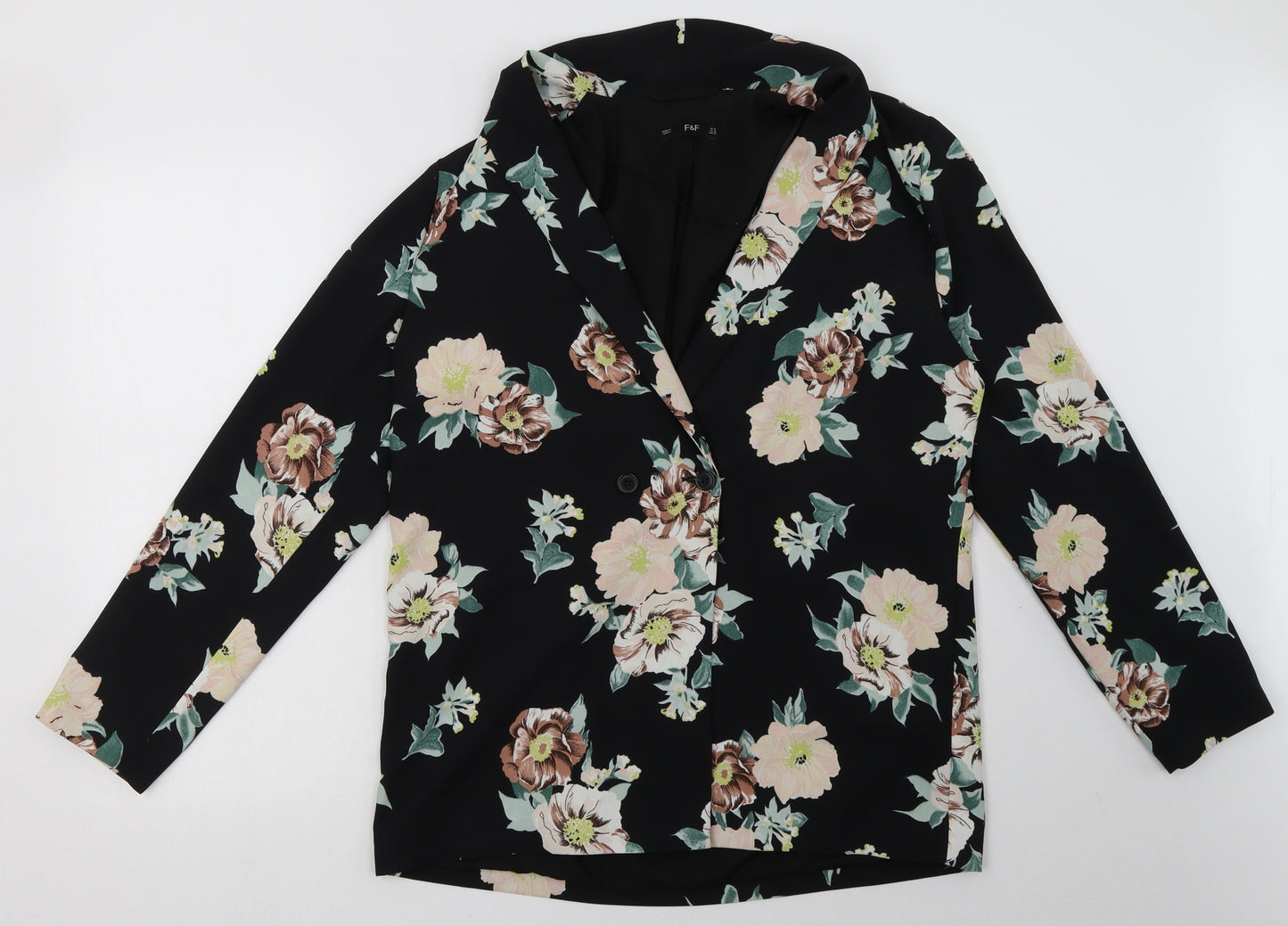F&F Womens Black Floral  Jacket Blazer Size 14  Button