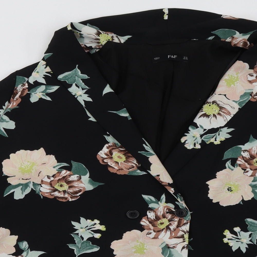 F&F Womens Black Floral  Jacket Blazer Size 14  Button