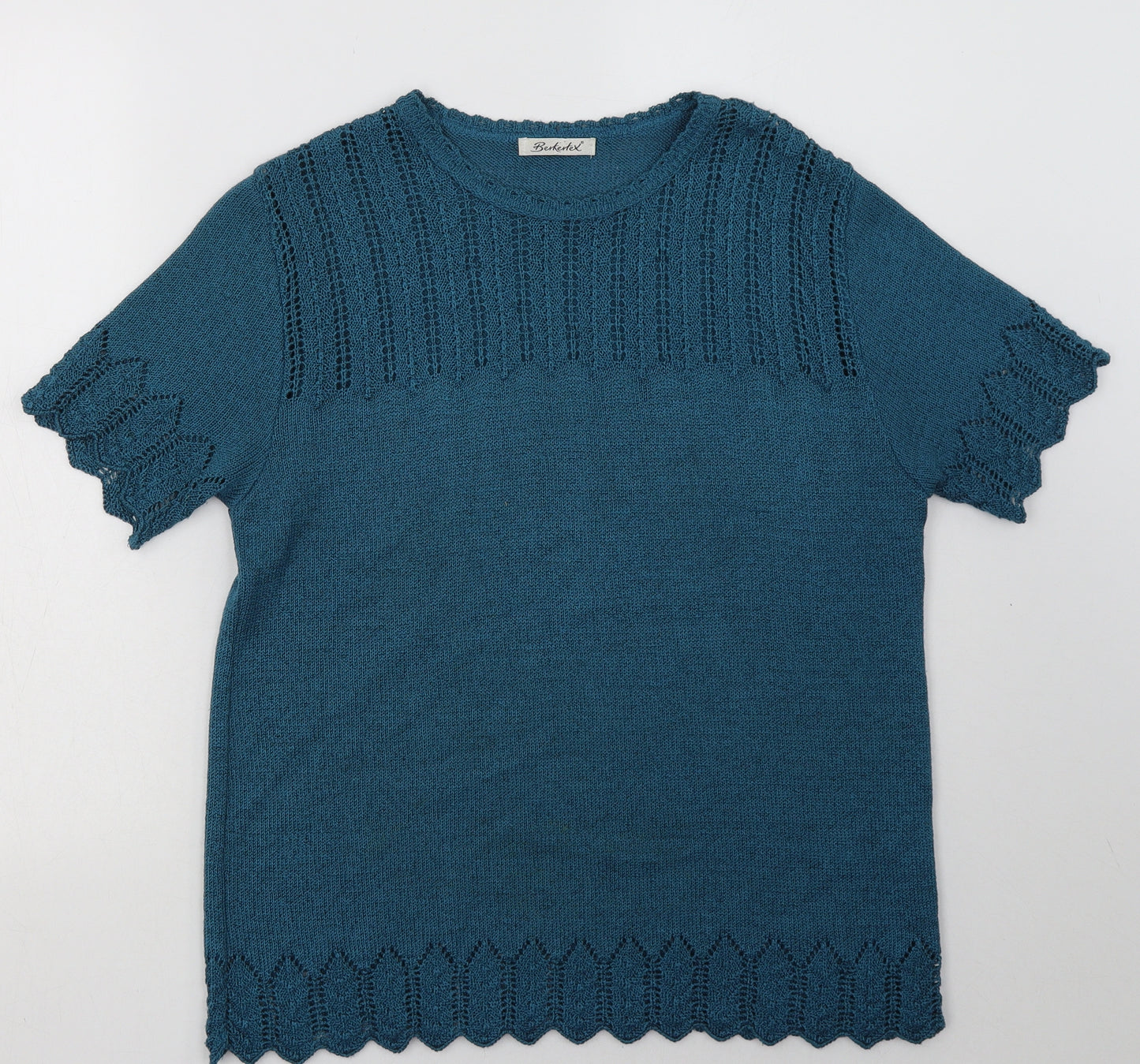 Berkertex Womens Blue Geometric Acrylic Basic T-Shirt Size 16 Crew Neck