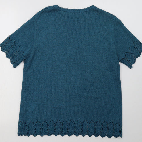 Berkertex Womens Blue Geometric Acrylic Basic T-Shirt Size 16 Crew Neck